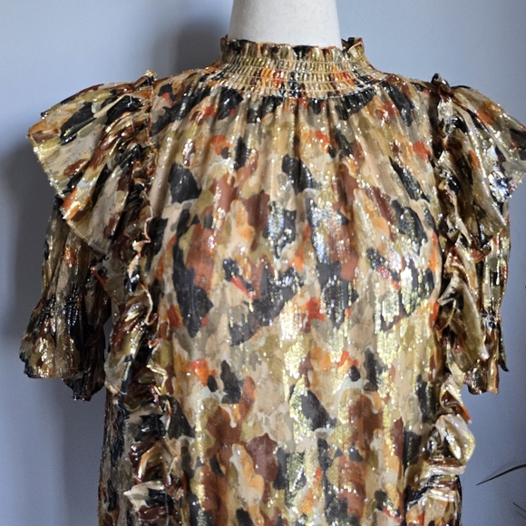BA&SH New Gilda Silk Metallic Ochre Ruffle Abstract Lady Blouse Top SZ Small - Picture 3 of 16